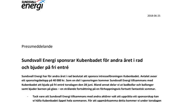 Sundsvall Energi sponsrar Kubenbadet för andra året i rad och bjuder på fri entré