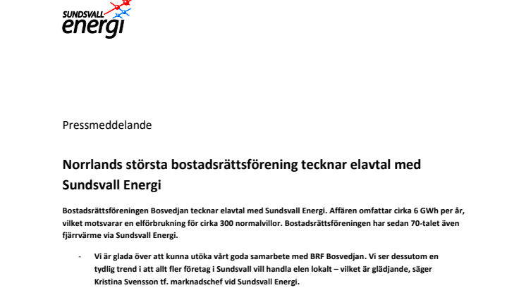 Norrlands största bostadsrättsförening tecknar elavtal med Sundsvall Energi