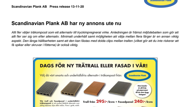 Ny annons för träkomposittrall och fasadpanel från Scandinavian Plank!