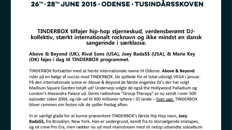TINDERBOX tilføjer hip-hop stjerneskud, verdensberømt DJ-kollektiv, stærkt internationalt rocknavn og ikke mindst en dansk sangerinde i særklasse.