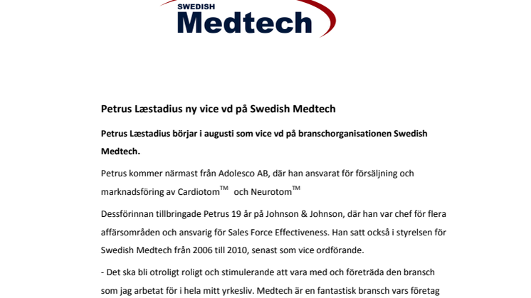 Petrus Læstadius ny vice vd på Swedish Medtech