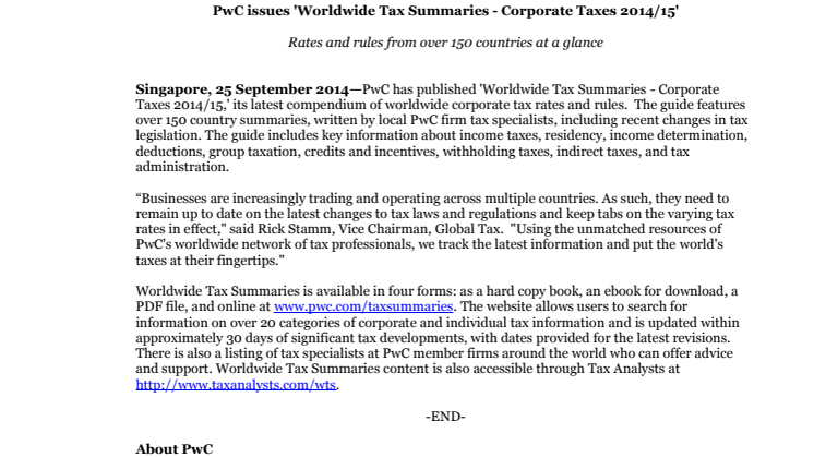 PwC issues 'Worldwide Tax Summaries - Corporate Taxes 2014/15'