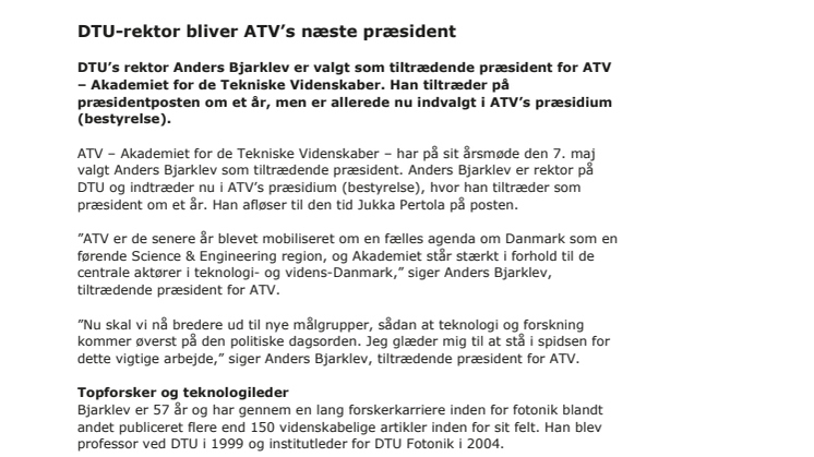DTU-rektor bliver ATV’s næste præsident