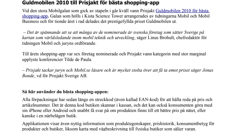 Guldmobilen 2010 till Prisjakt för bästa shopping-app