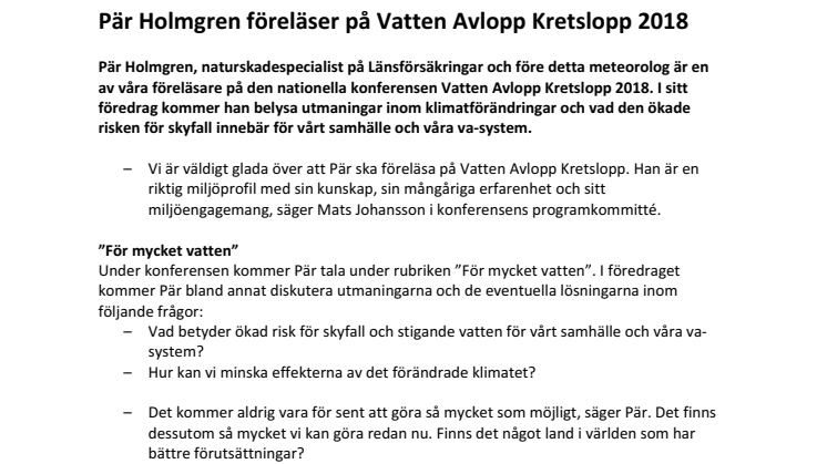 Pär Holmgren föreläser på Vatten Avlopp Kretslopp 2018