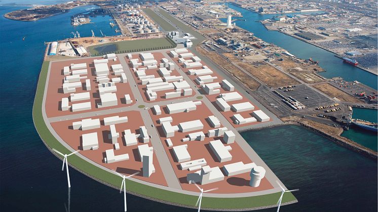 Malmö Industrial Park i Norra Hamnen i Malmö, fullt utbyggd 2026. Totalt 900 000 kvadratmeter stort.
