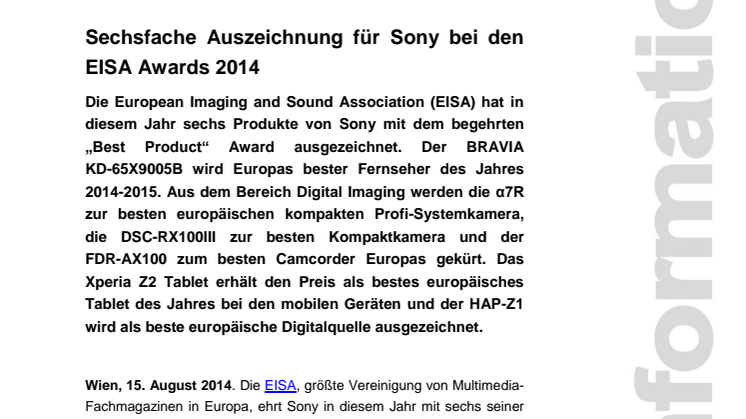 Pressemitteilung "Sechsfache Auszeichnung für Sony bei den EISA Awards 2014"