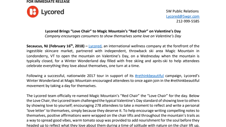 PRESS RELEASE: Lycored Brings "Love Chair" to Magic Mountain's "Red Chair" on Valentine's Day