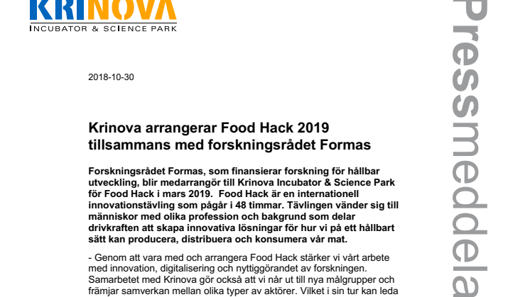 Krinova arrangerar Food Hack 2019 tillsammans med forskningsrådet Formas 