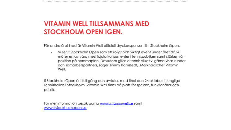 Vitamin Well tillsammans med Stockholm Open igen