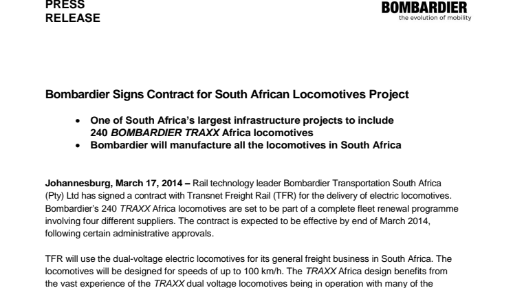 Bombardier tar hem order på 240 lok i Sydafrika