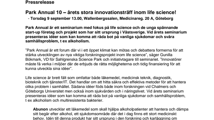 Park Annual 10 – årets stora innovationsträff inom life science! 