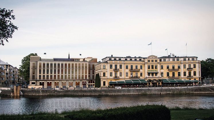 Arkitektskiss som visar stadshotellet och den tillbyggnad som beviljades bygglov idag 20 juni. Skiss: Tengbom arkitekter.