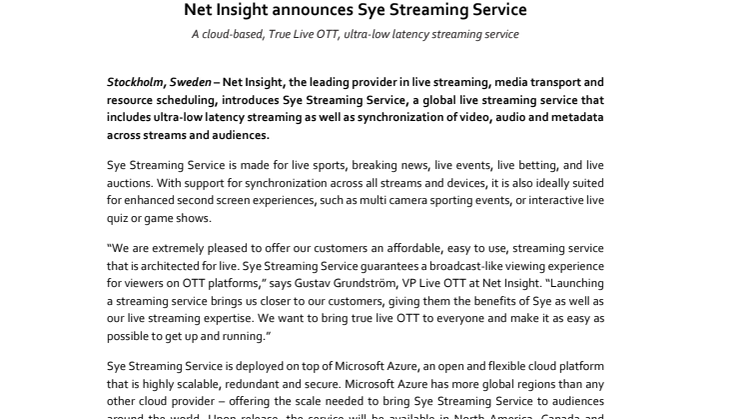 Net Insight announces Sye Streaming Service