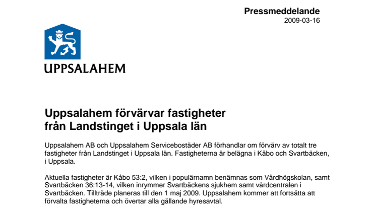 Uppsalahem förvärvar fastigheter från Landstinget i Uppsala län