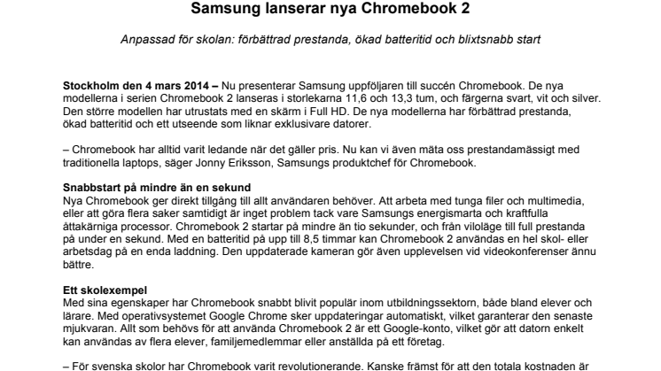Samsung lanserar nya Chromebook 2