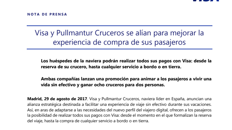 Visa y Pullmantur Cruceros se alían para mejorar la experiencia de compra de sus pasajeros