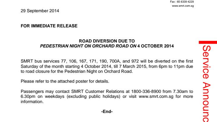 Road Diversion due to Pedestrian Night on Orchard Road on 4 October 2014