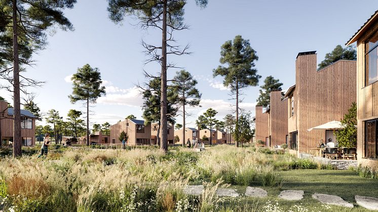Det nya hållbara bostadsområdet vid Kristianstad Golfklubb & Destination i Åhus omfattar 400 bostäder som alla integreras med naturen. Illustrationer framtagna av Arkitema.