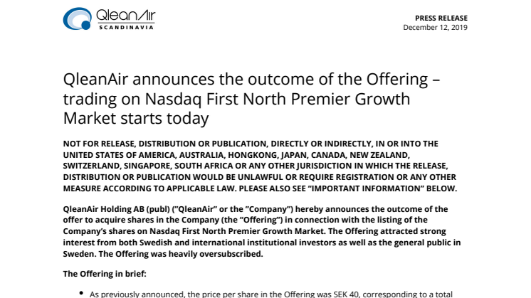 QleanAir announces the outcome of the Offering - trading on Nasdaq First North Premier Growth Market starts today