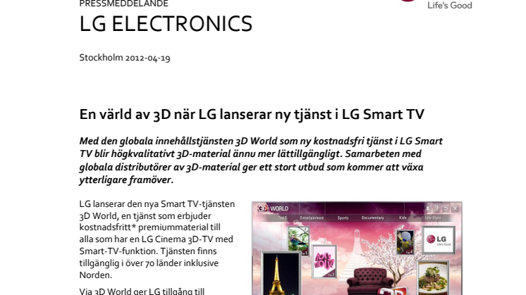 En värld av 3D när LG lanserar ny tjänst i LG Smart TV