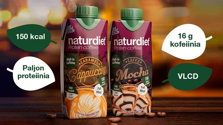 Naturdiet Proteiinikahvit Caramel Cappuccino ja Caffe Mocha. Paljon makua, proteiinia ja kofeiinia mutta vähän kaloreita.