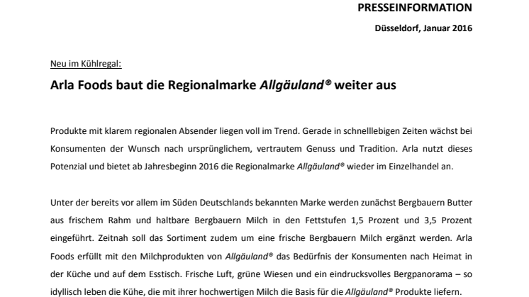 Pressemitteilung: Arla Foods baut die Regionalmarke Allgäuland® weiter aus