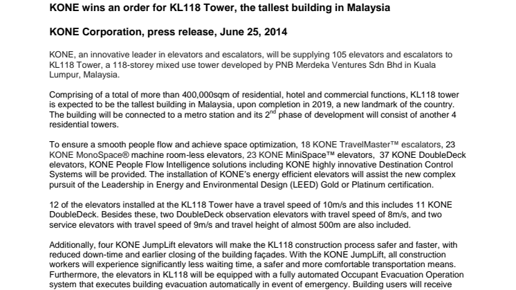 KONE wins an order for KL118 Tower, the tallest building in Malaysia
