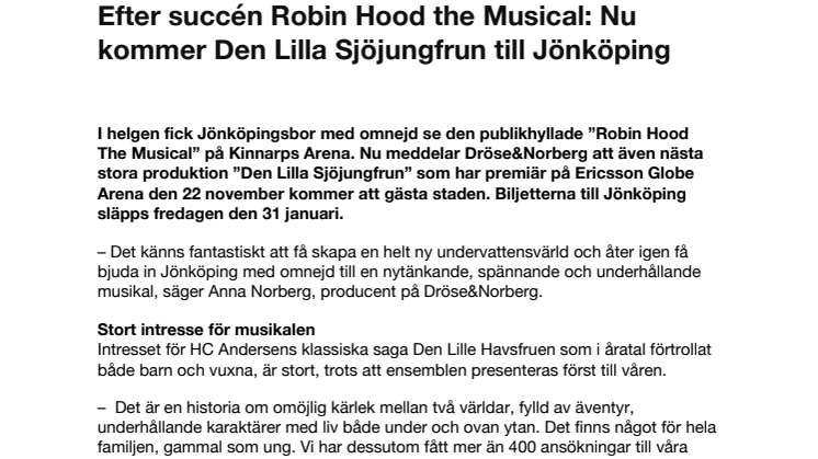 ​Efter succén Robin Hood the Musical: Nu kommer Den Lilla Sjöjungfrun till Jönköping