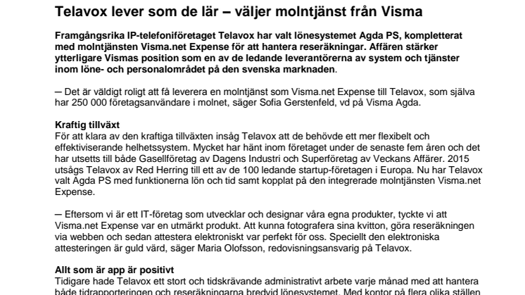 Telavox lever som de lär – väljer molntjänst från Visma