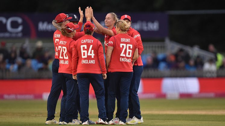 Freya Kemp celebrates her first international wicket. Photo: Getty Images