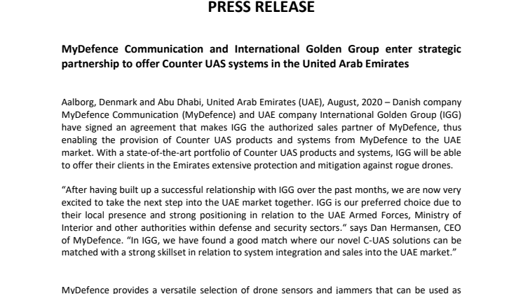 MyDefence Communication and International Golden Group enter strategic partnership to offer Counter UAS systems in the United Arab Emirates