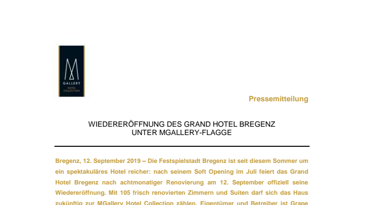 Wiedereröffnung des Grand Hotel Bregenz unter MGallery-Flagge