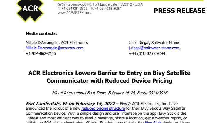Feb 15 2022_Miami - ACR Electronics Lowers Barrier to Entry on Bivy Satellite Communicator with Reduced Device Pricing.pdf