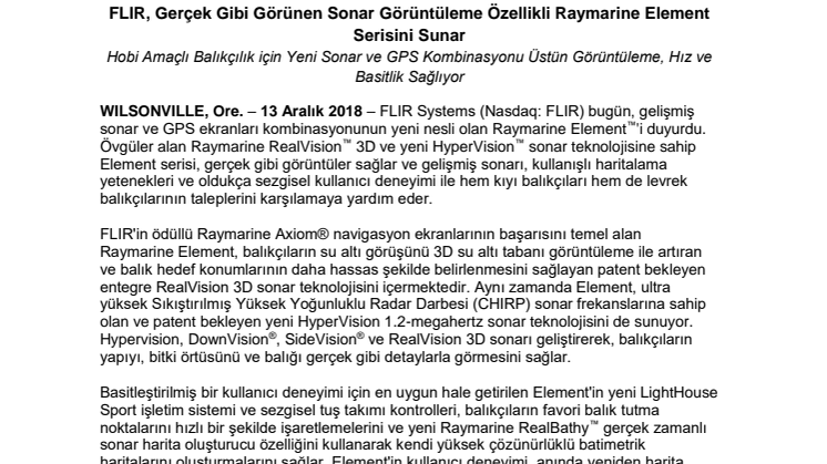 Raymarine: FLIR, Gerçek Gibi Görünen Sonar Görüntüleme Özellikli Raymarine Element Serisini Sunar