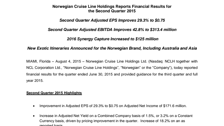 Norwegian Cruise Line Holdings Reports Financial Results for the Second Quarter 2015