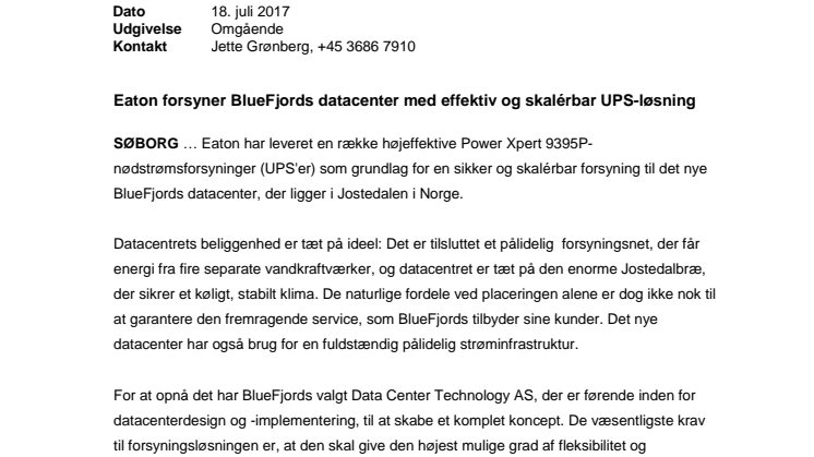Eaton forsyner BlueFjords datacenter med effektiv og skalérbar UPS-løsning