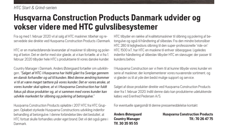 Husqvarna Construction Products Danmark udvider og vokser videre med HTC gulvslibesystemer