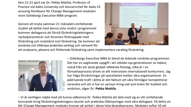 Professor of Practice Pekka Mattila från Aalto University föreläser på  Göteborgs Executive MBA-program