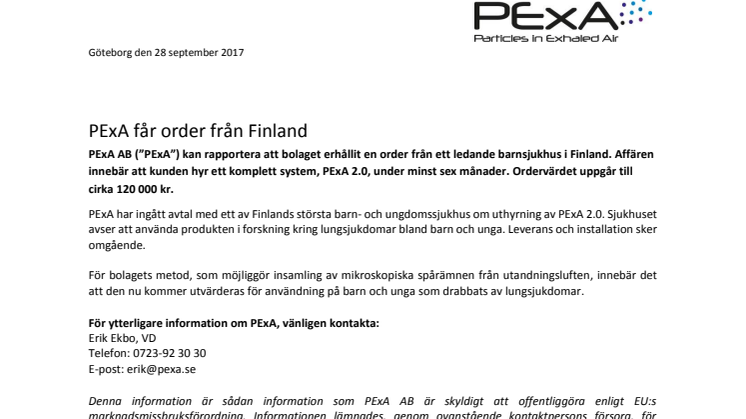 ​​​​PExA får order från Finland