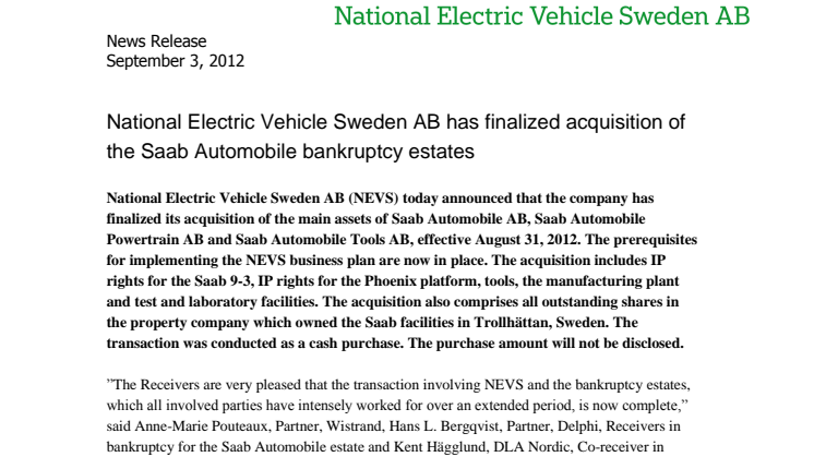 National Electric Vehicle Sweden AB has finalized acquisition of the Saab Automobile bankruptcy estates