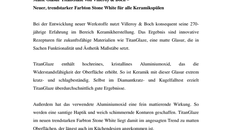 Matte Glasur TitanGlaze von Villeroy & Boch – Neuer, trendstarker Farbton Stone White für alle Keramikspülen