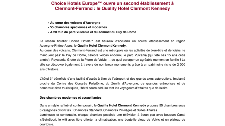 Choice Hotels Europe™ ouvre un second établissement à Clermont-Ferrand : le Quality Hotel Clermont Kennedy 