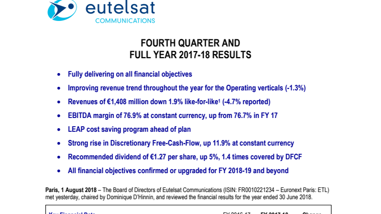 EUTELSAT COMMUNICATIONS  FOURTH QUARTER AND FULL YEAR 2017-18 RESULTS