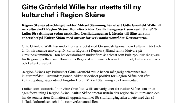 Gitte Grönfeld Wille har utsetts till ny kulturchef i Region Skåne