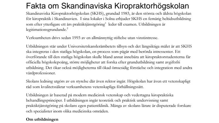 Fakta om Skandinaviska Kiropraktorhögskolan