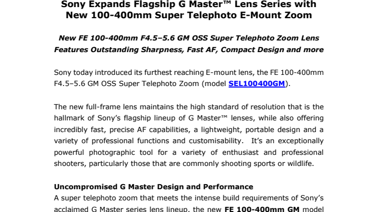 Sony laajentaa G Master -lippulaivatuoteperhettänsä uudella 100-400 mm E-sarjan supertele zoom -objektiivilla