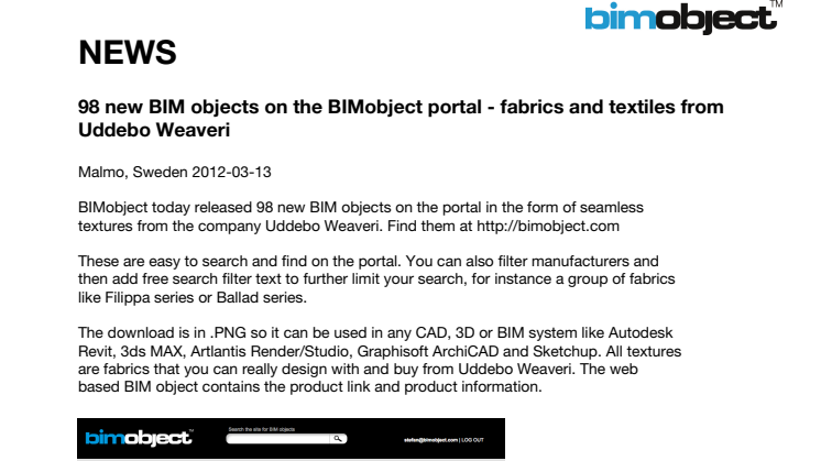 98 new BIM objects on the BIMobject portal - fabrics and textiles from Uddebo Weaveri