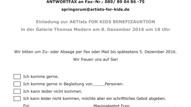 Anmeldung Benefizauktion ARTISTS FOR KIDS