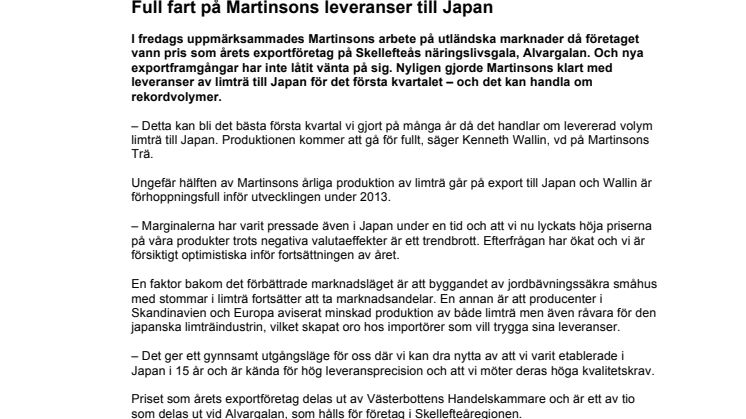 Full fart på Martinsons leveranser till Japan